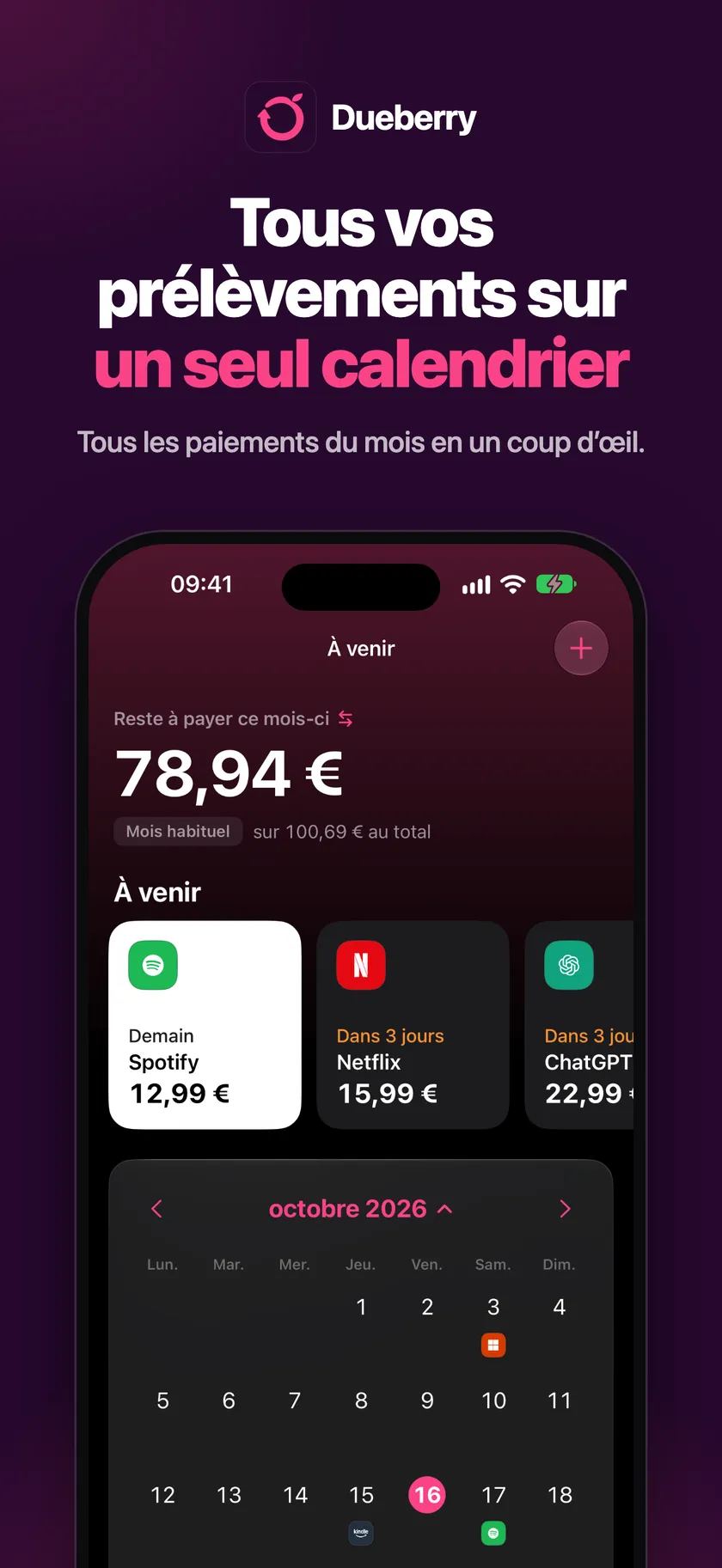 Calendrier avec tous les renouvellements du mois