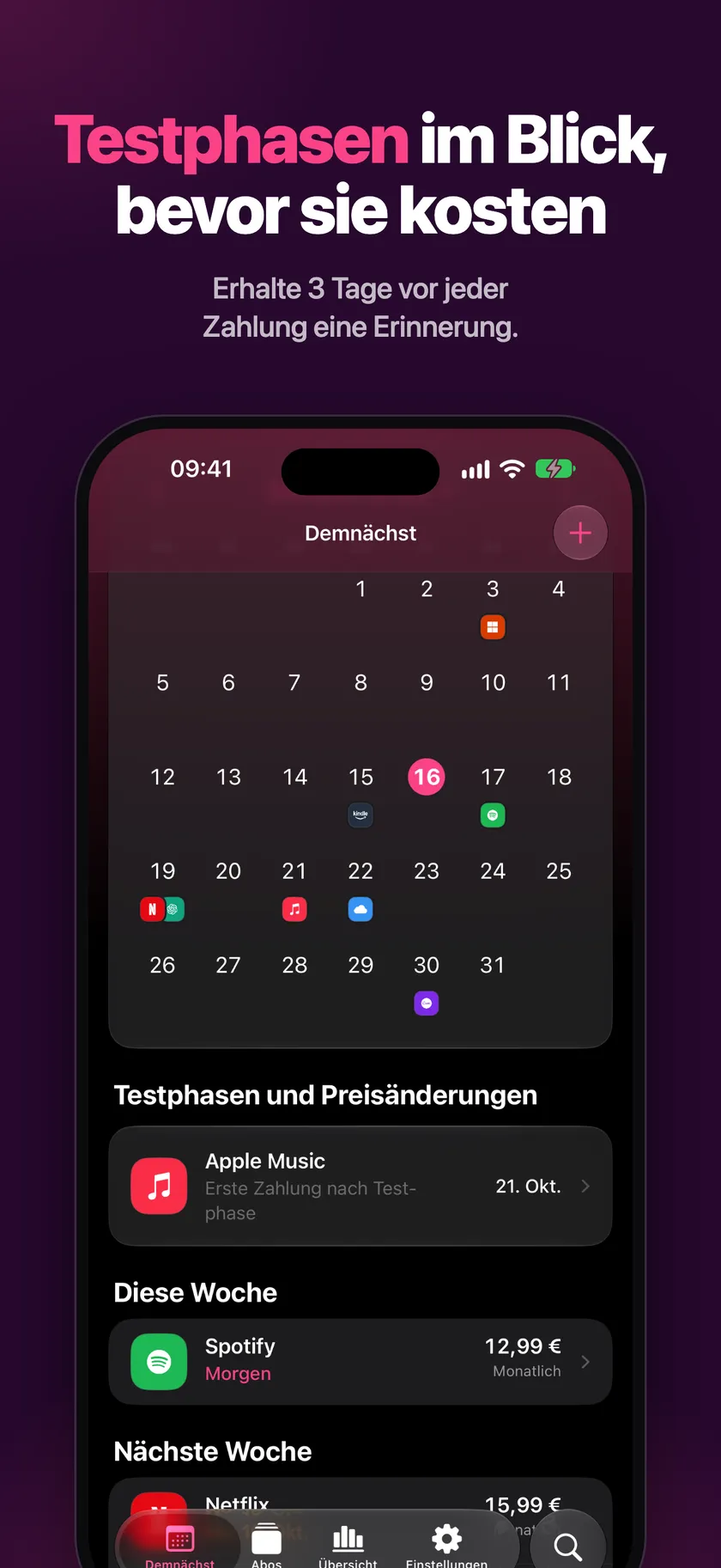 Bevorstehende Testphase mit Erinnerung