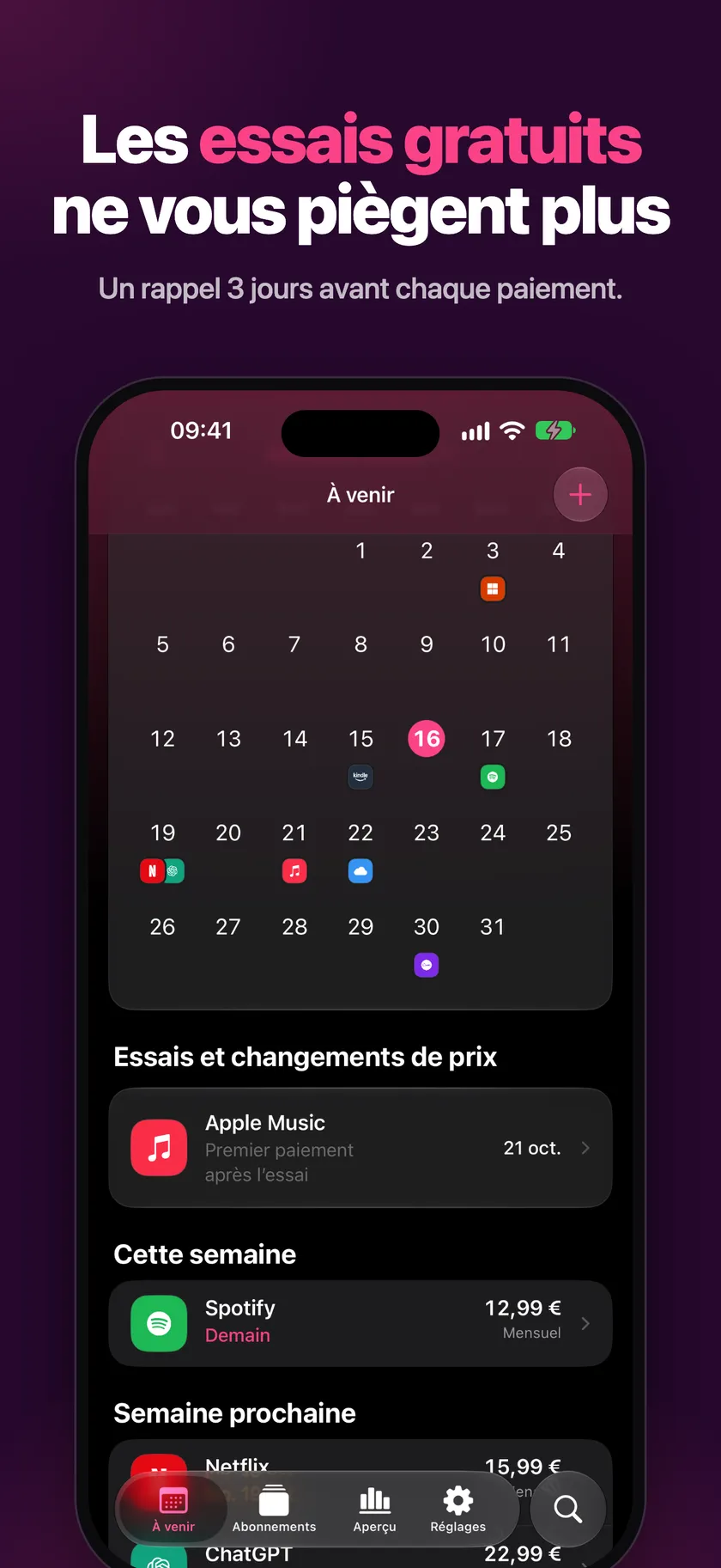 Essai gratuit à venir avec un rappel