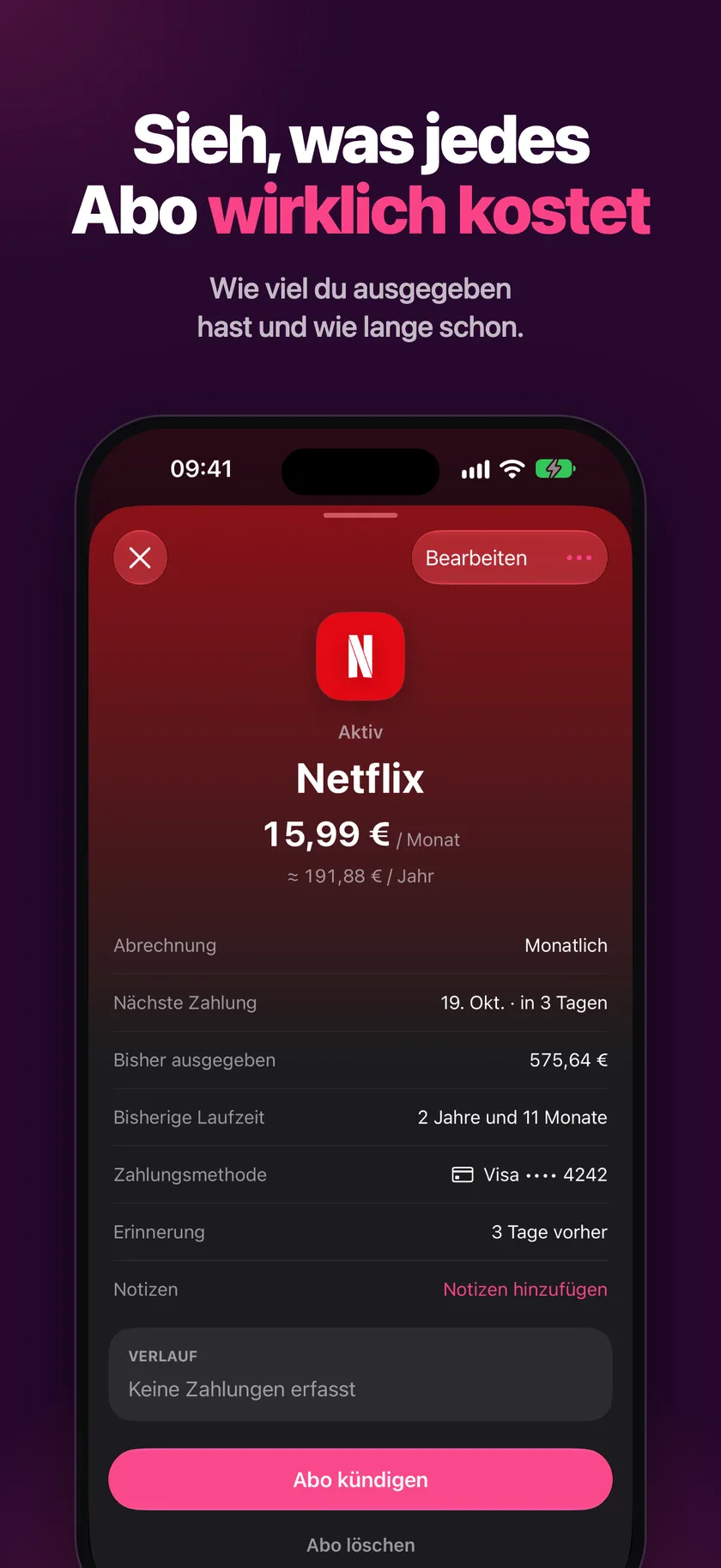 Abo-Details mit Gesamtausgaben