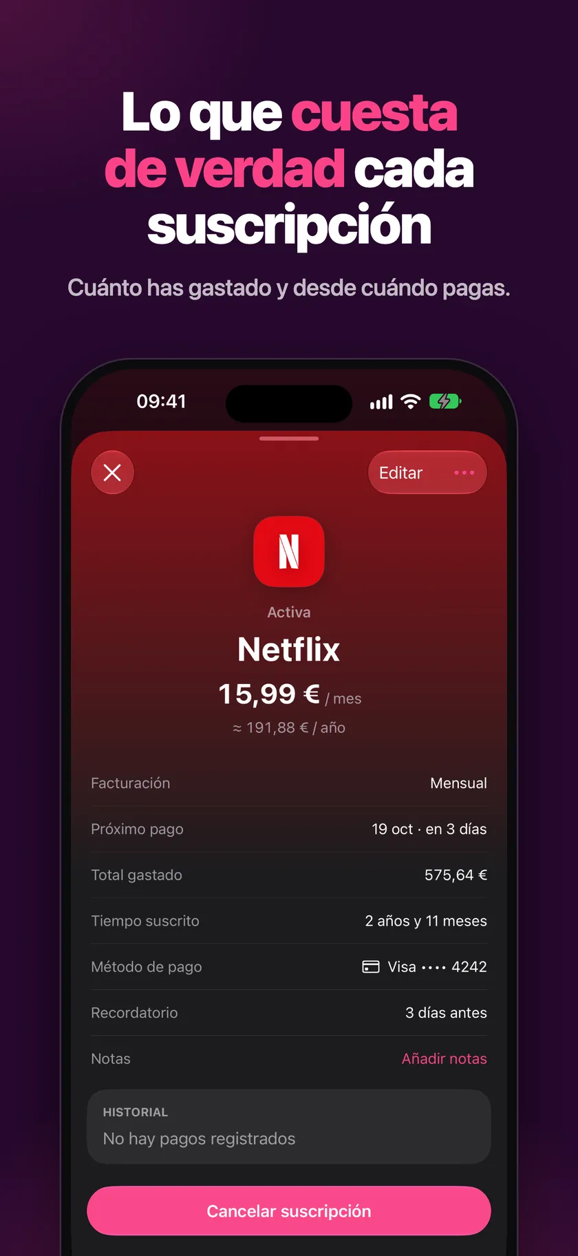 Detalle de una suscripción con el total gastado
