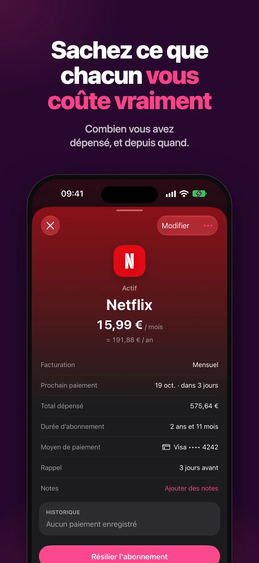 Détail d’un abonnement avec le total dépensé