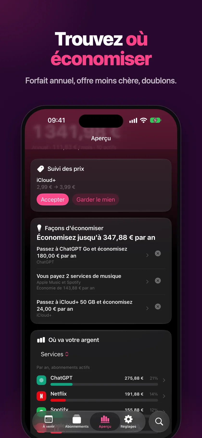 Aperçu avec des conseils d’économie et une carte de suivi des prix
