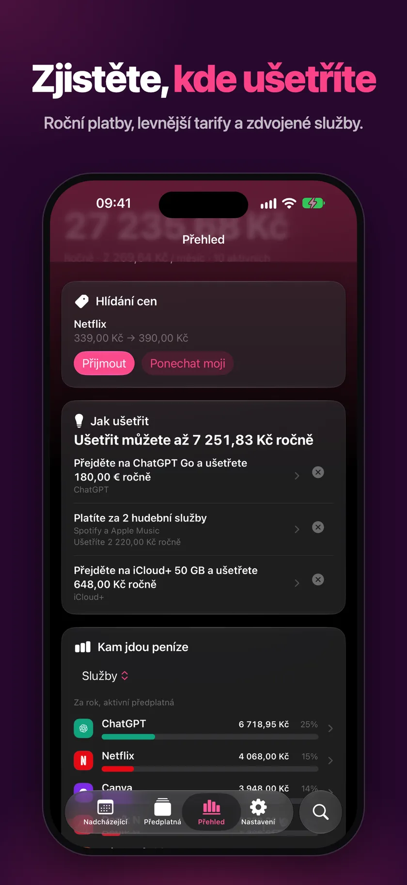 Přehled s tipy na úsporu a kartou Hlídání cen