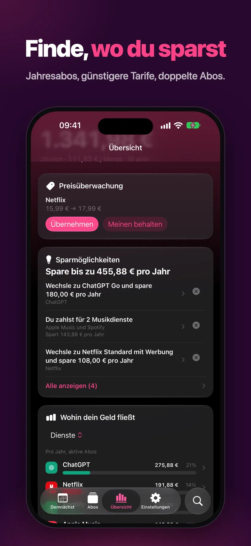 Übersicht mit Spartipps und einer Karte zur Preisüberwachung
