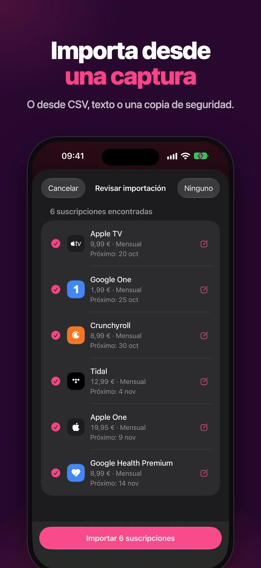 Pantalla de revisión de la importación antes de añadir suscripciones