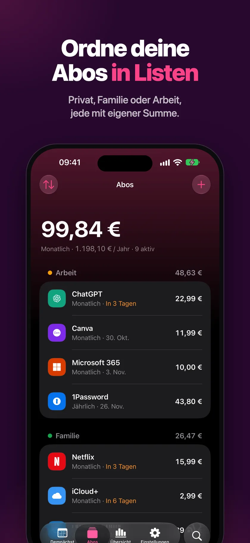 Abos in Listen gruppiert (Privat, Familie, Arbeit)