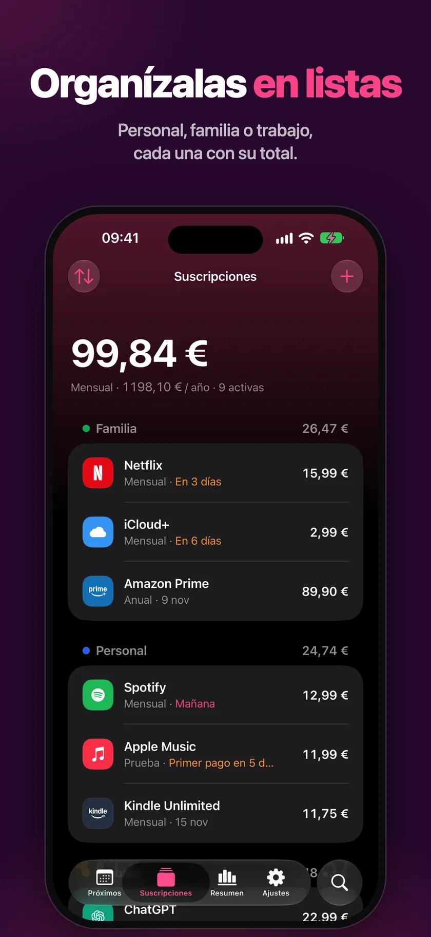 Suscripciones agrupadas en listas (Personal, Familia, Trabajo)