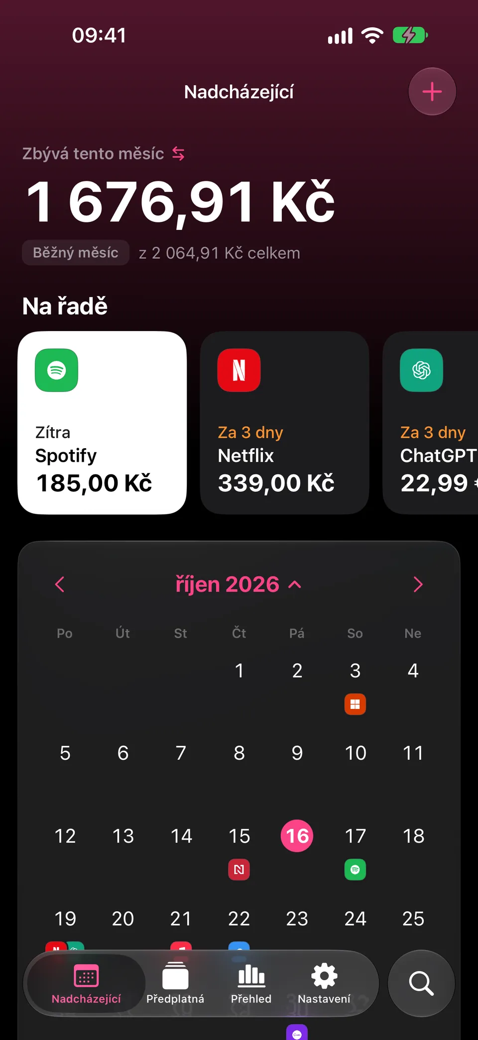 Kalendář Dueberry s platbami za předplatná v tomto měsíci