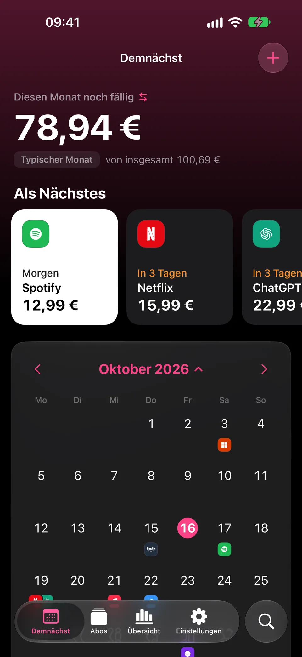 Dueberry-Kalender mit den Abo-Zahlungen dieses Monats