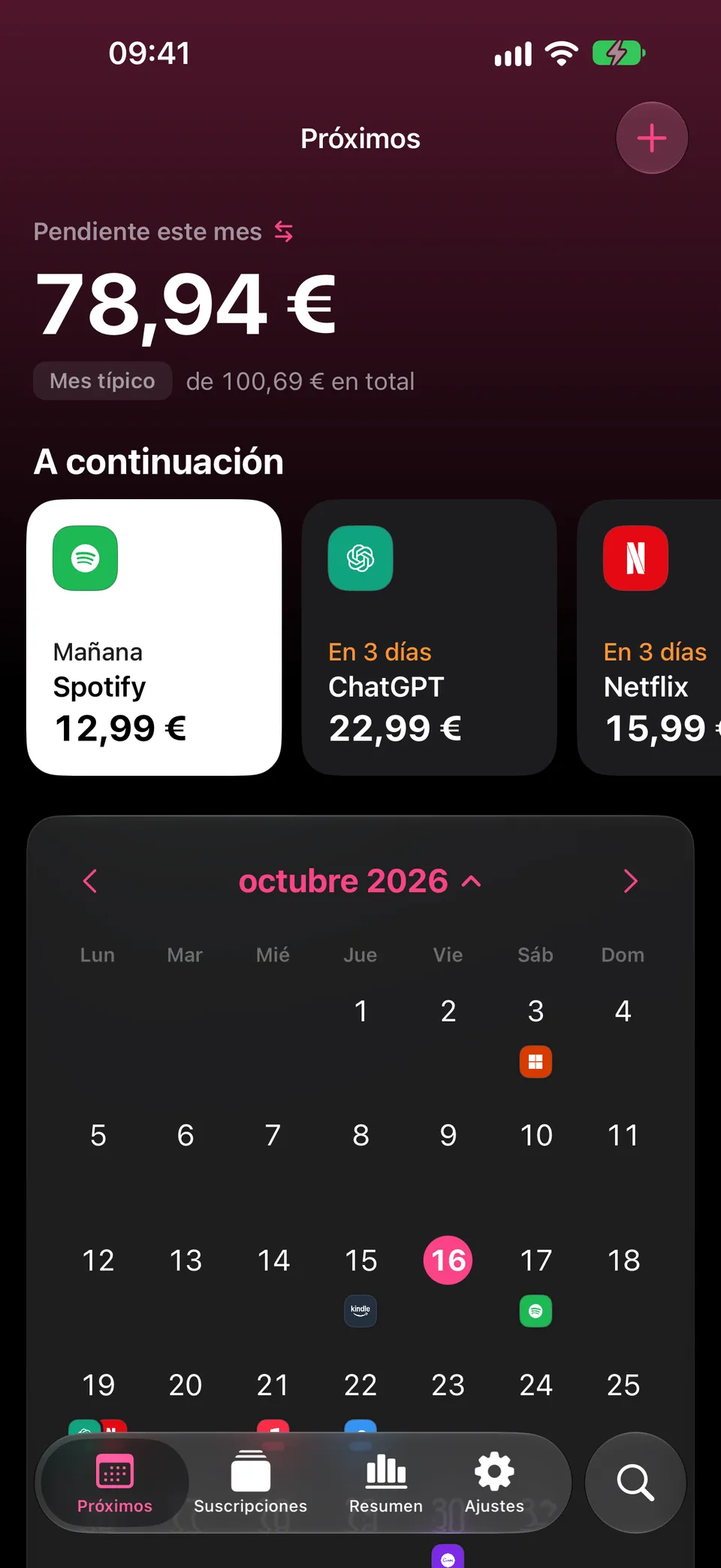 Calendario de Dueberry con los pagos de suscripciones de este mes