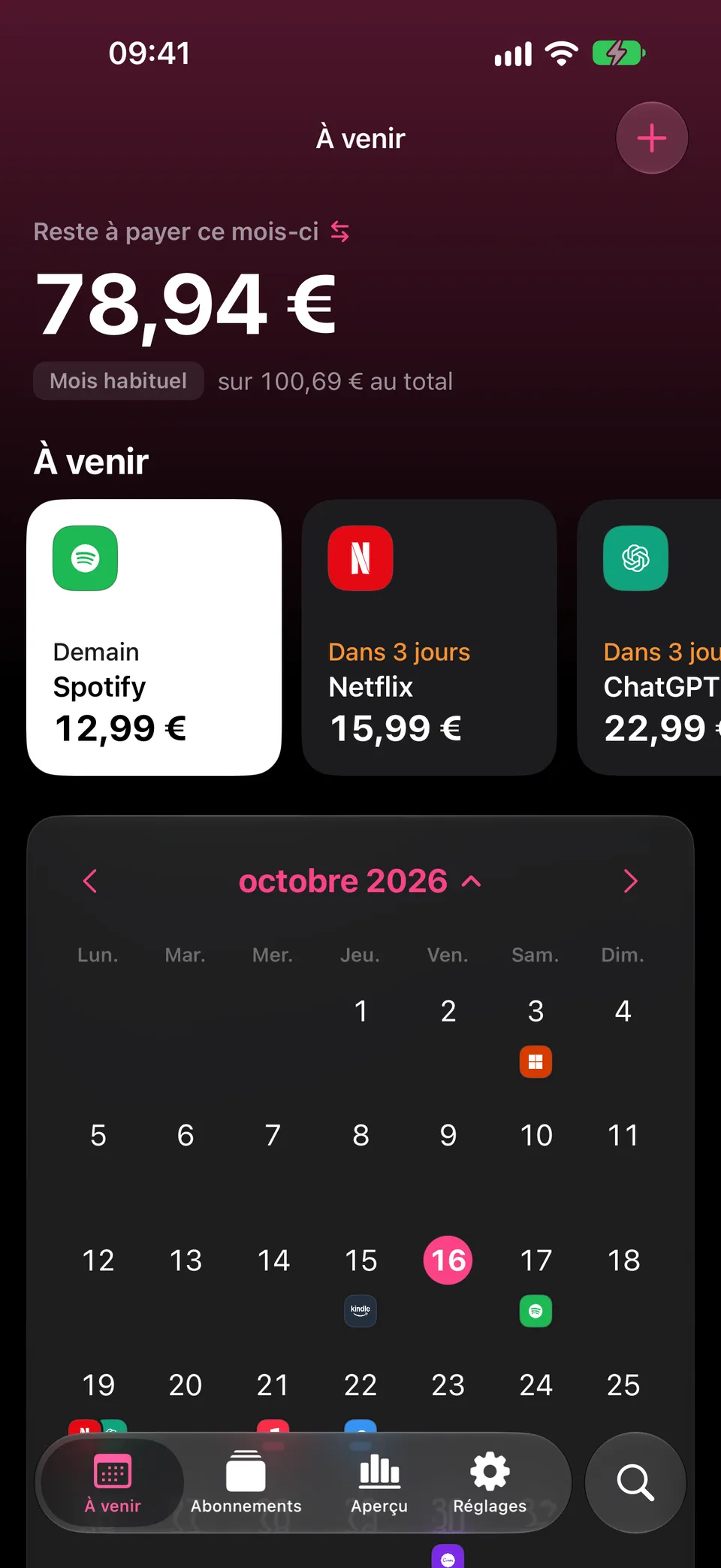 Calendrier Dueberry avec les paiements d’abonnements du mois
